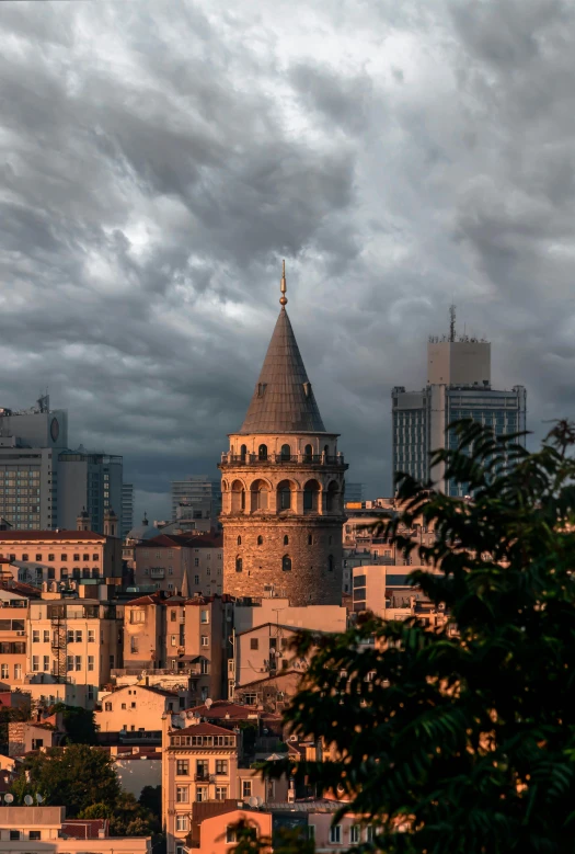 an aerial view of a city at sunset