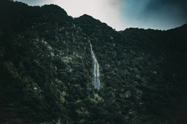 a long waterfall spouting from a lush green hillside