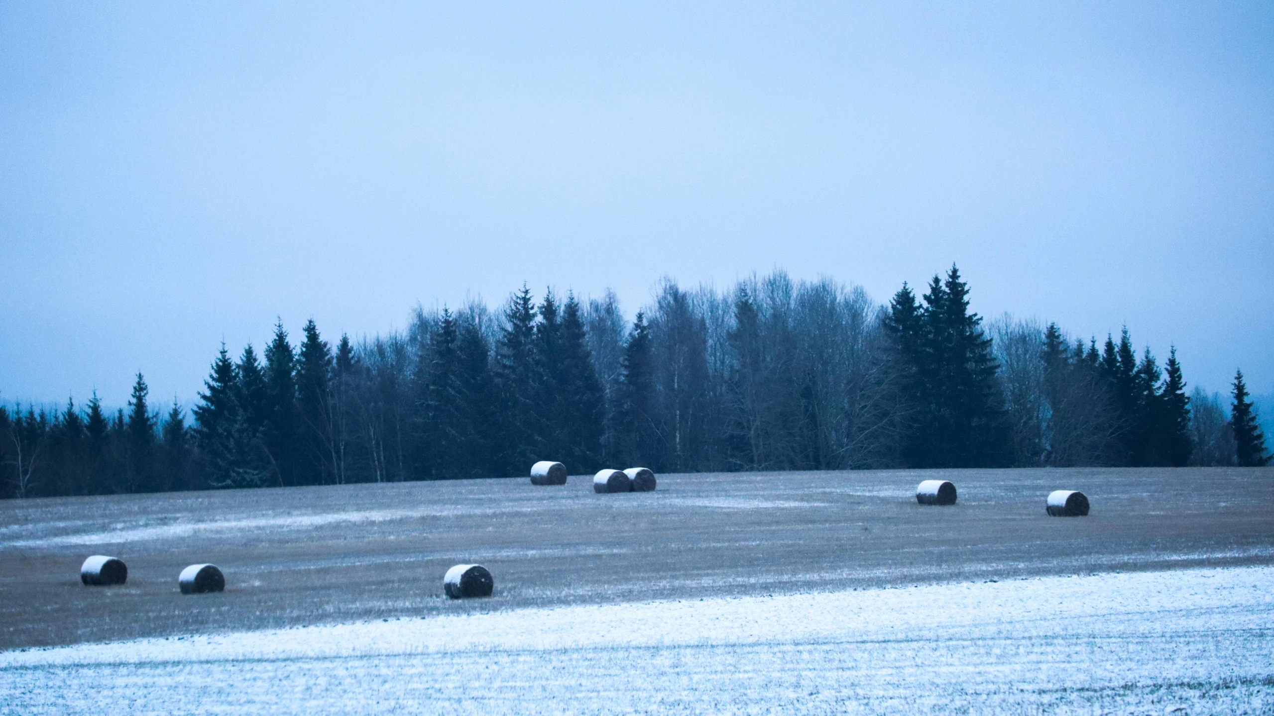 hay bales sit in the middle of a snowy field