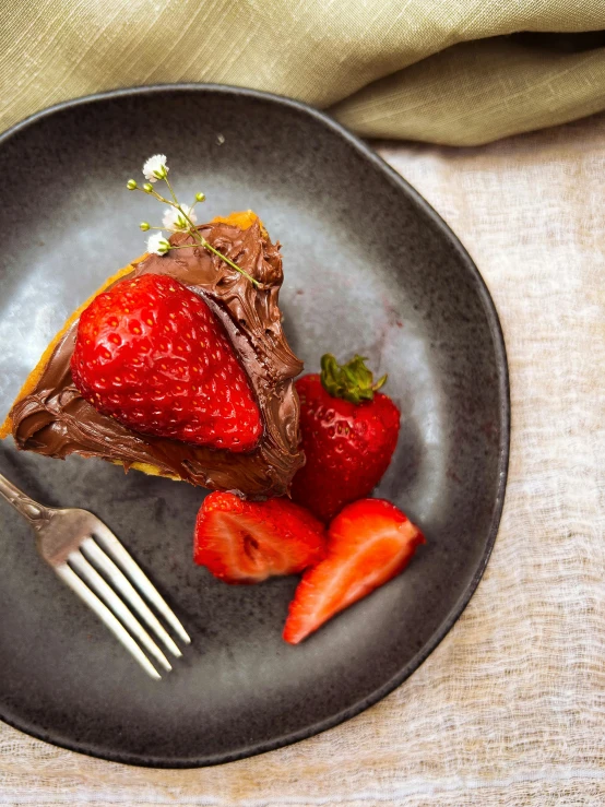 dessert sitting on a plate with strawberries and chocolate