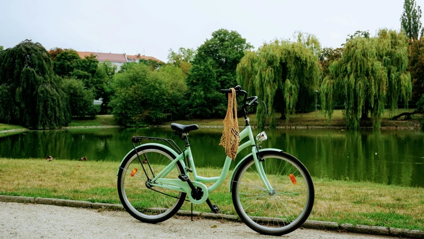 a bike parked in the grass next to the water