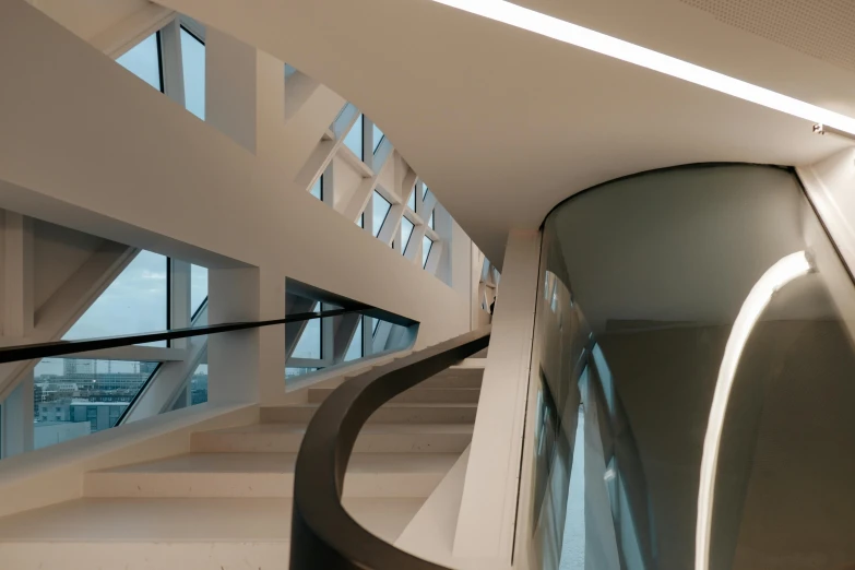 the stairway leading to a very modern building