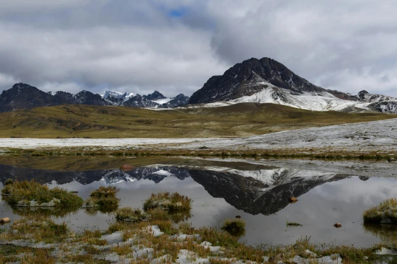 the mountains are mirrored in the water