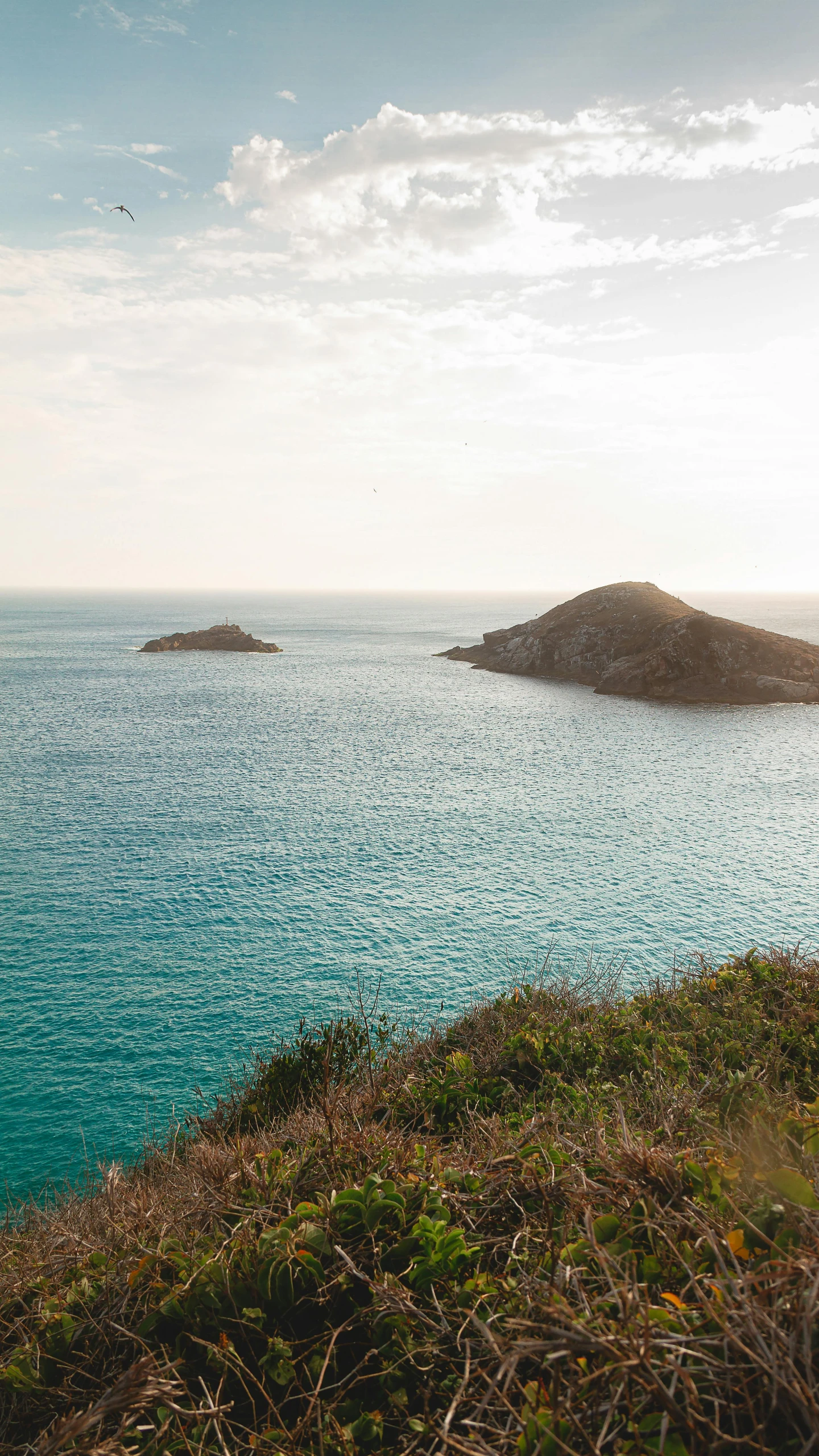 a large body of water sitting above a lush green hillside