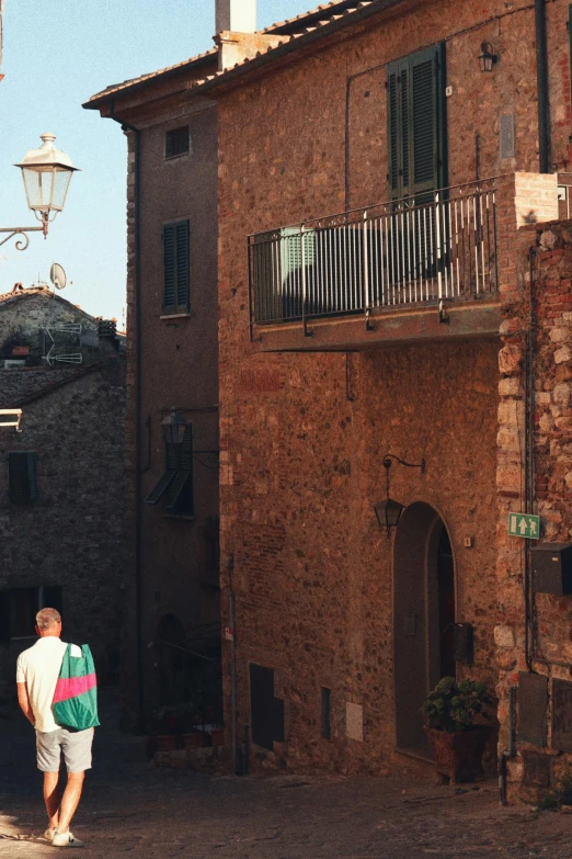 a man is standing in the alley between two buildings