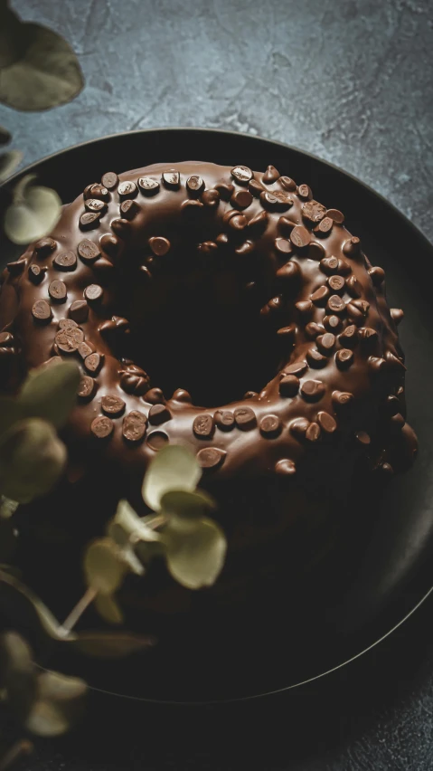 a chocolate cake is on a black plate