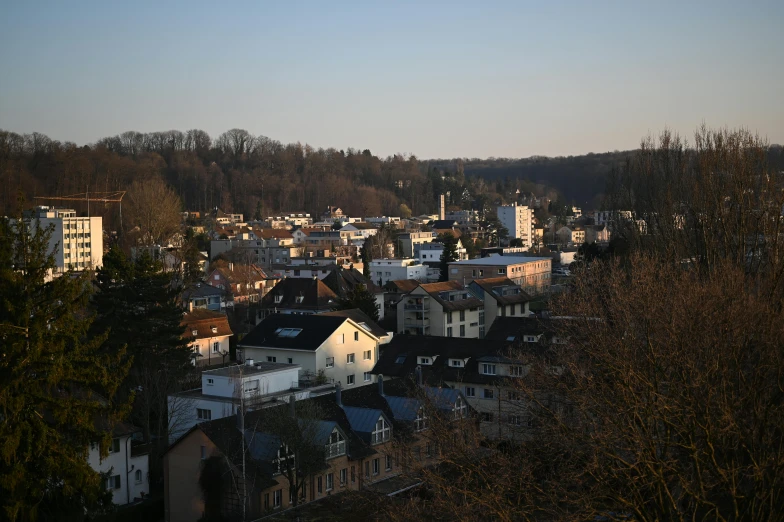 an overview view of a town at dusk