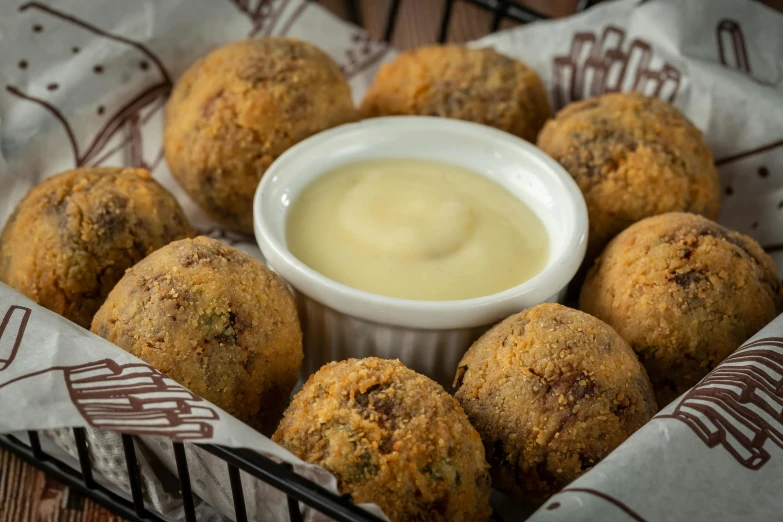 a group of food in a basket with dip