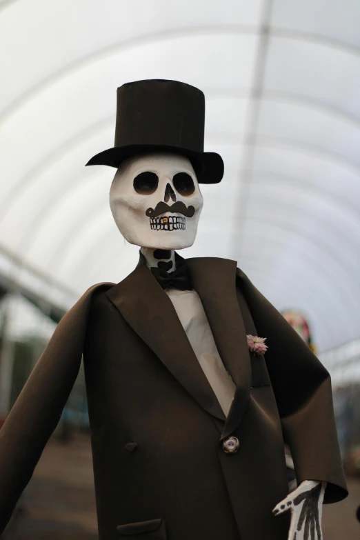 an artificial skeleton wearing a suit, top hat and a top tie