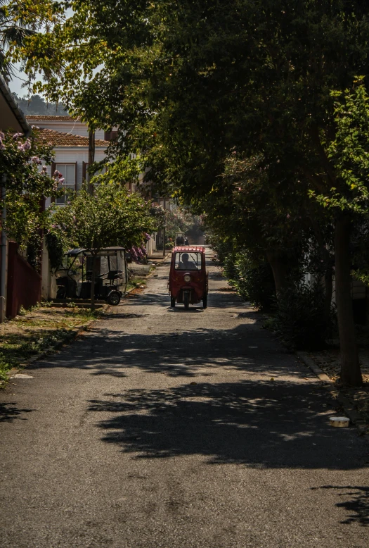 a red truck is parked down an alley lined with trees