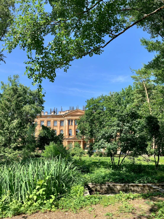 an old building behind a lot of trees