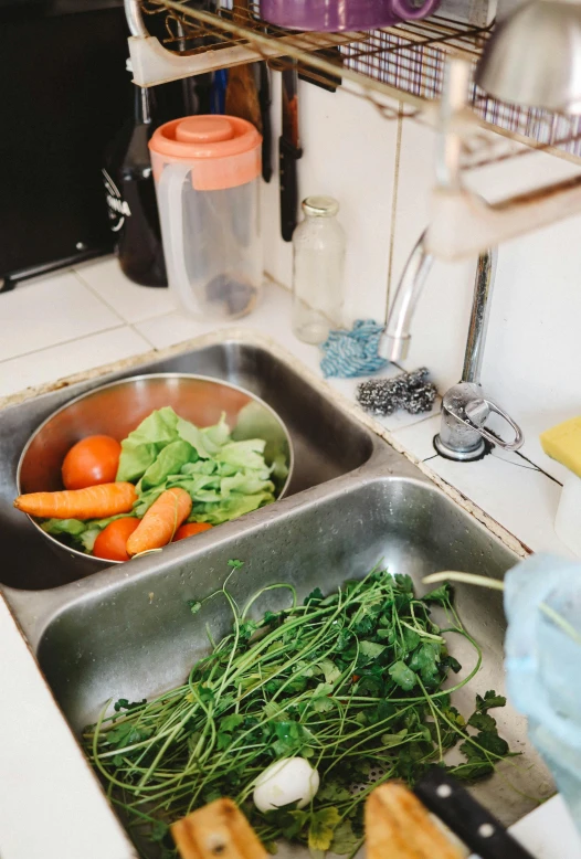 two sinks filled with vegetables and seasonings on the counter