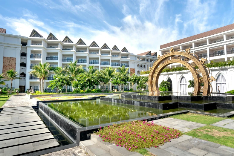 a view of a building with some pool inside of it