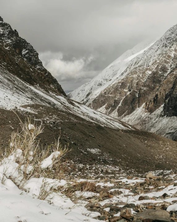 snow covers a grassy slope in front of mountain peaks