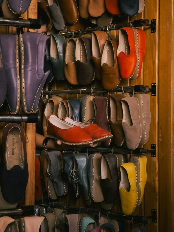 a rack with many pairs of shoes hanging from it