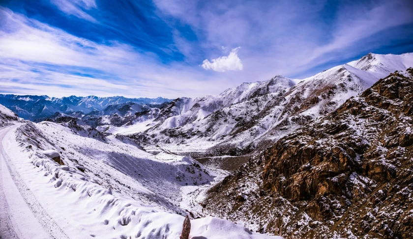 some very long snow road in the mountains