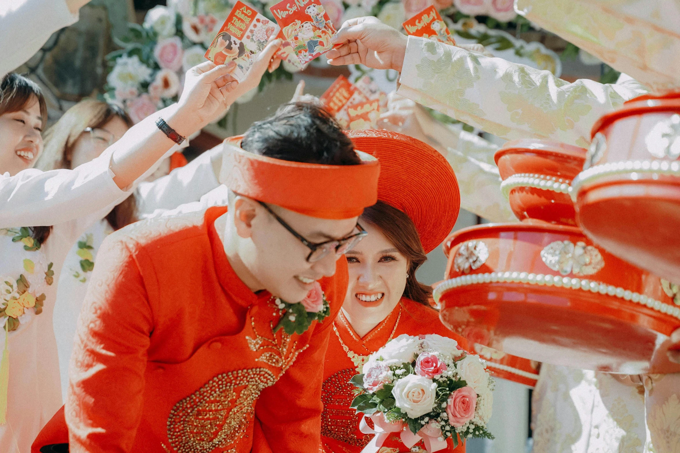 the bride and groom are posing for pos together