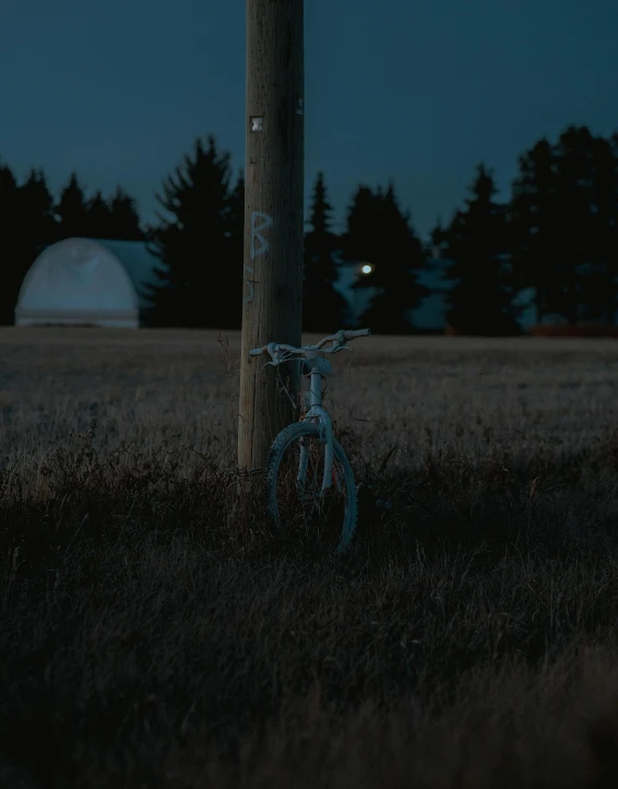 a bike parked on the side of a pole near a field