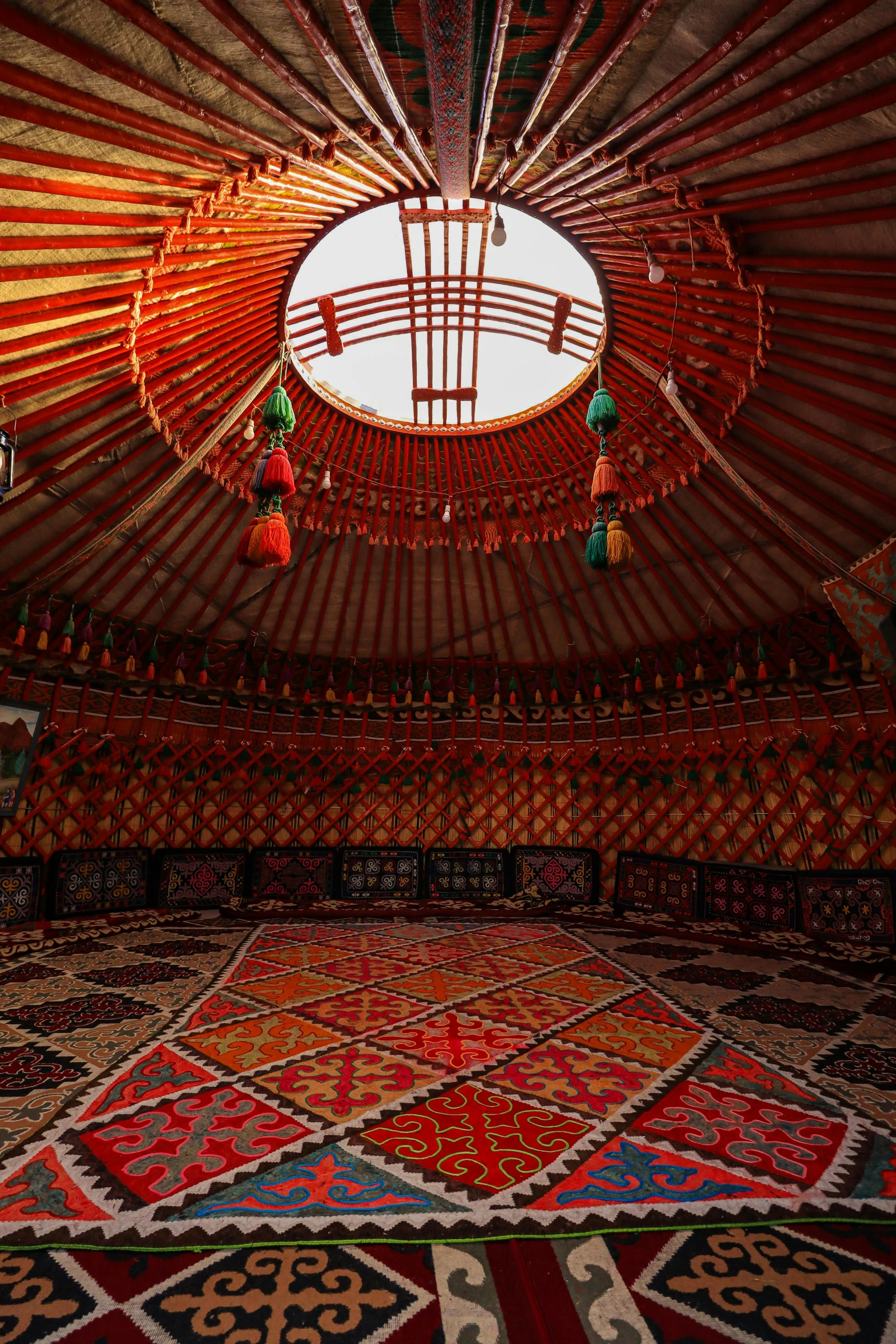 the ceiling inside of a large circus tent