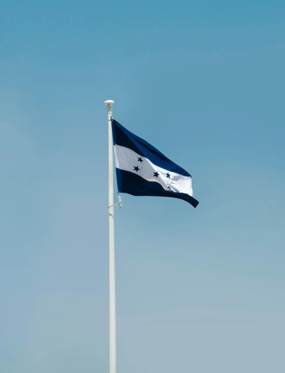 a blue and white flag that is flying in the wind
