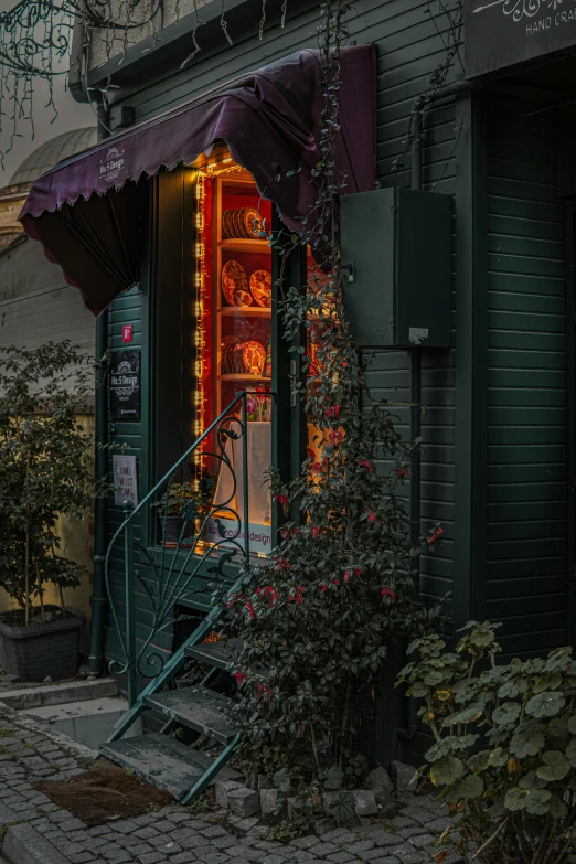 a store front with a window display that has lights on it