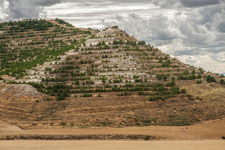 some brown dirt bushes hills clouds and sky