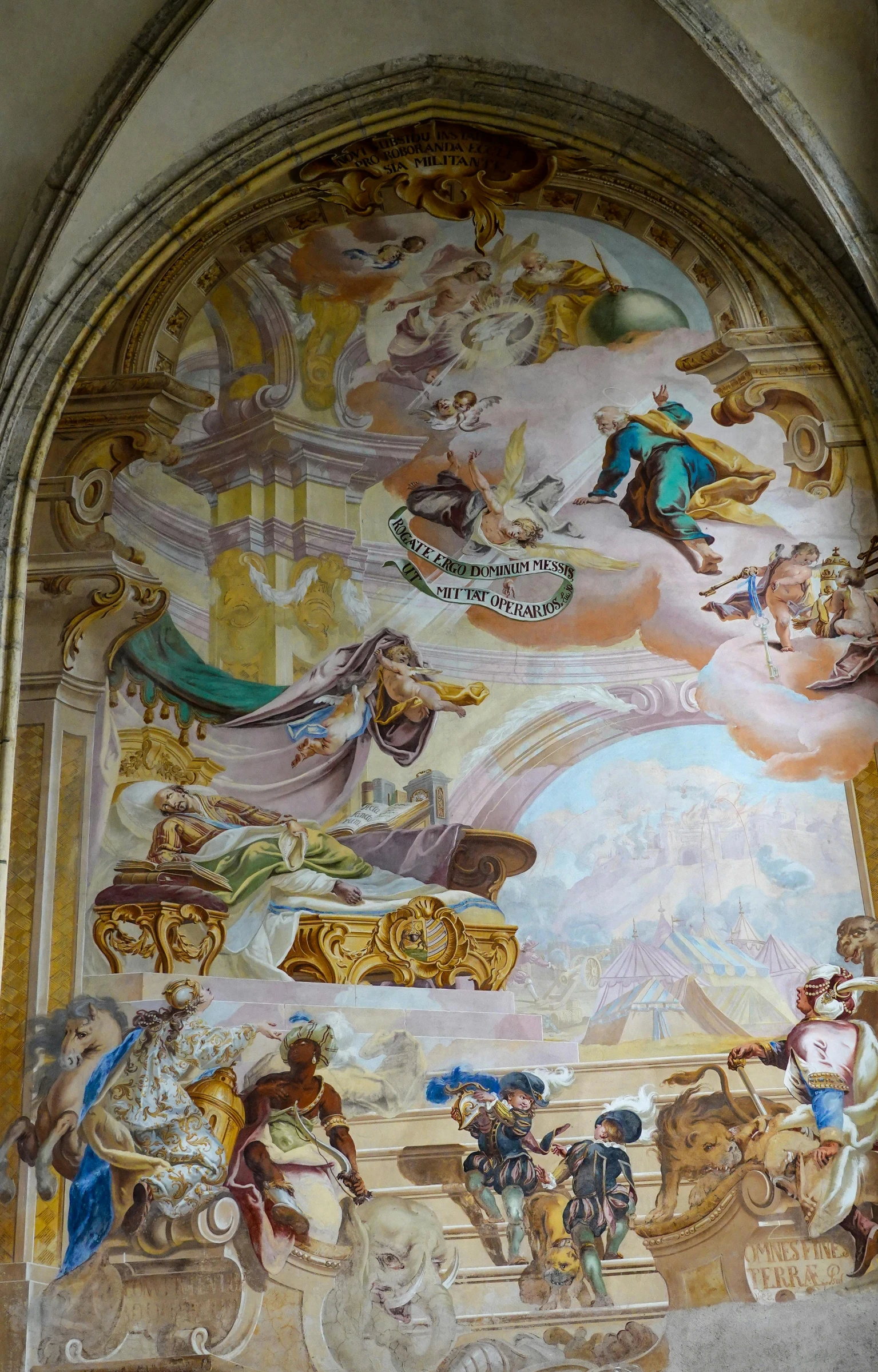 mural of an elaborately decorated room with a large clock