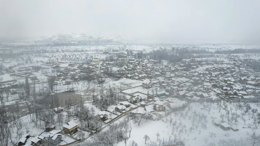 a snowy winter day in town with houses and trees