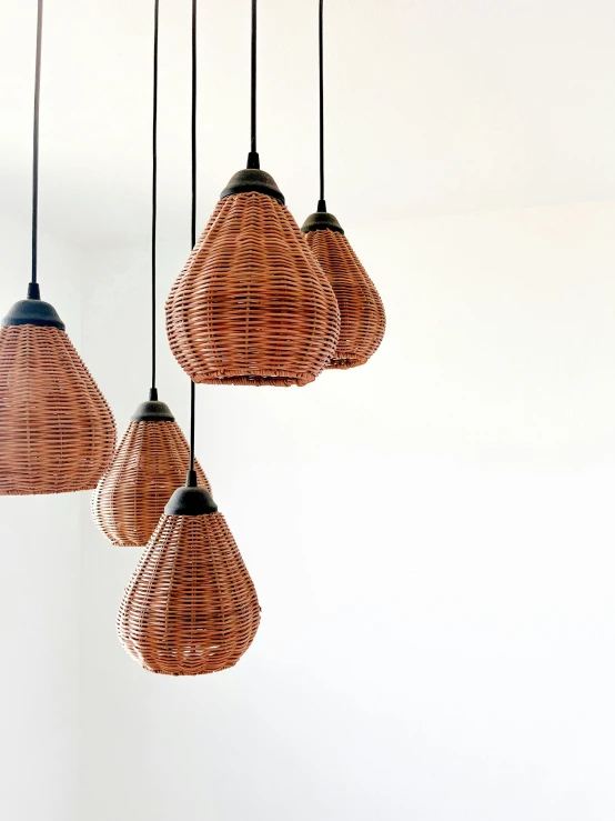 four large pendant lights hanging from a ceiling