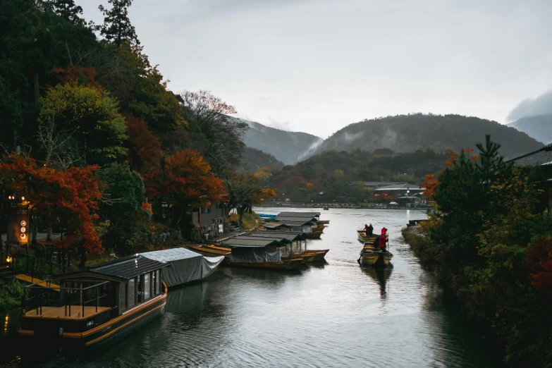 a couple of boats in a river near trees