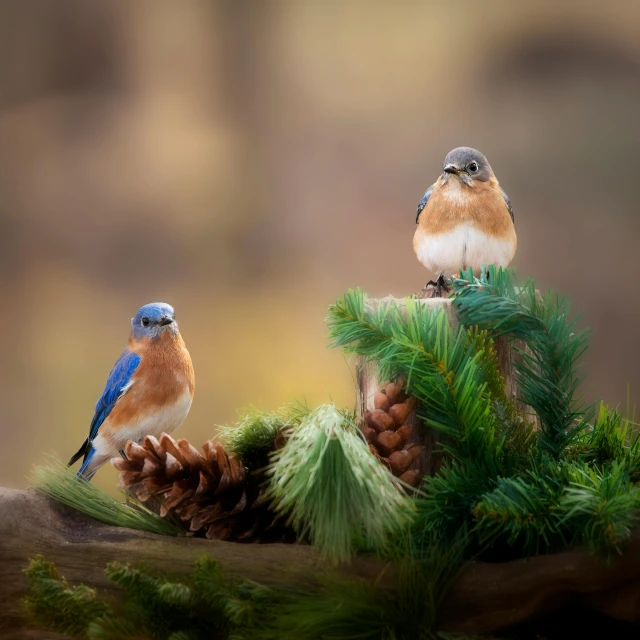 two bluebirds sitting on pine cones with a nch