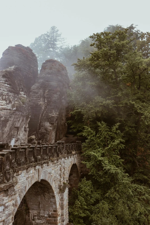 mist rising from mist covered area next to the stone bridge