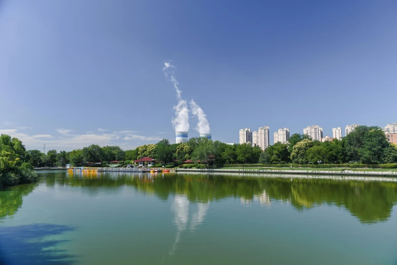 a view of a large body of water near a city