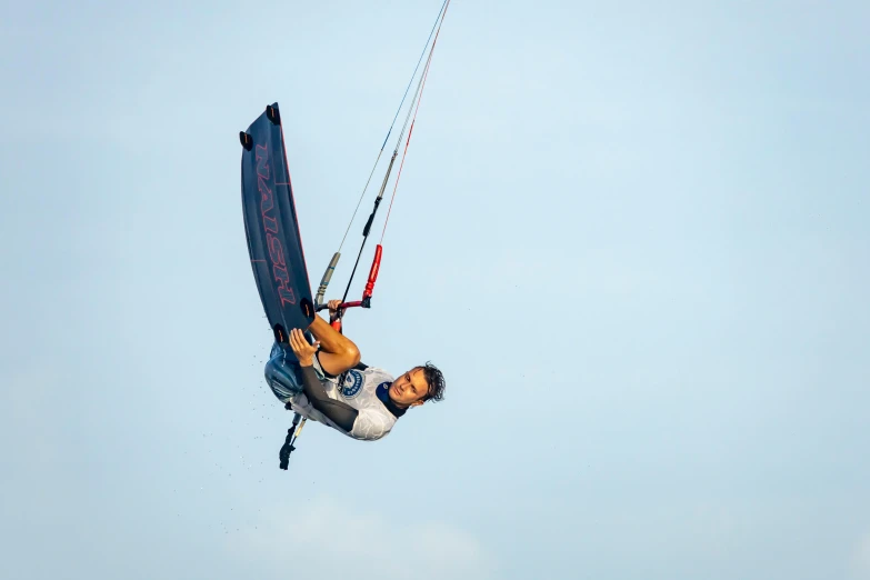 a man is parasailing high in the sky