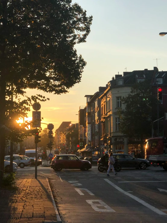 city street with cars and buses at sunset