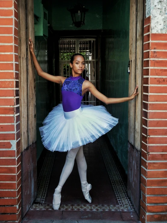 a little girl in purple and white tutu in front of an open door