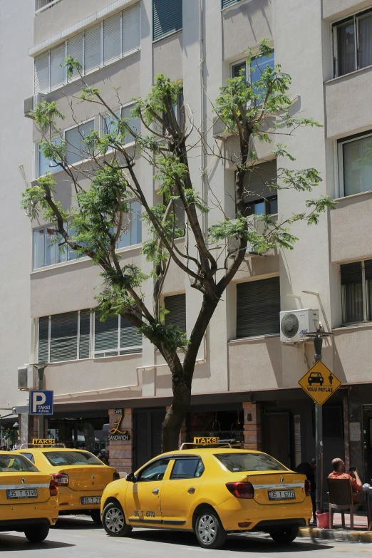 three yellow taxis parked along side of a large building