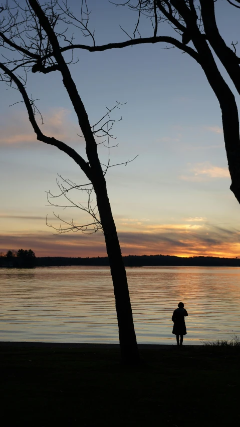 two silhouettes against the setting sun over the water and trees