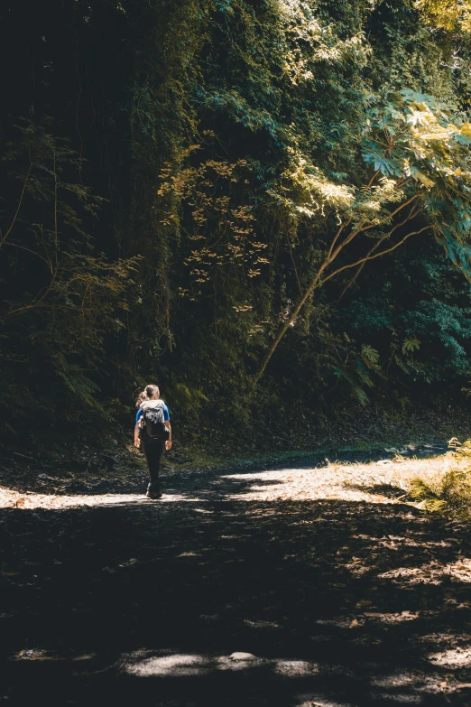 a man in blue backpack hiking down a dirt road