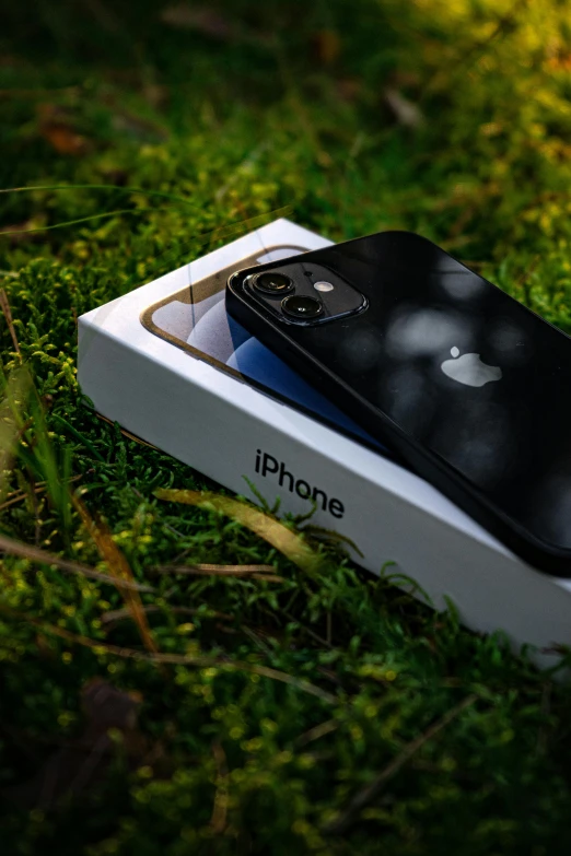 an iphone box sitting on top of a grass covered field