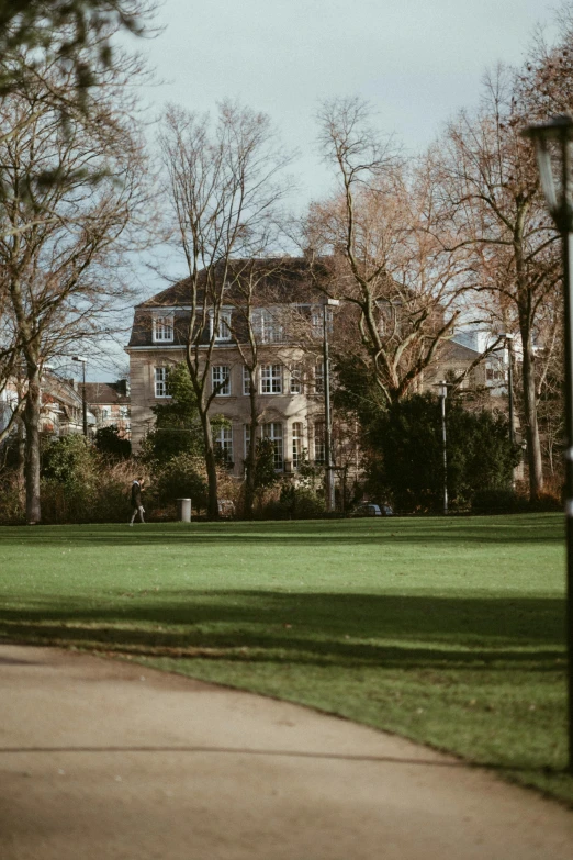 two men play frisbee in a green park