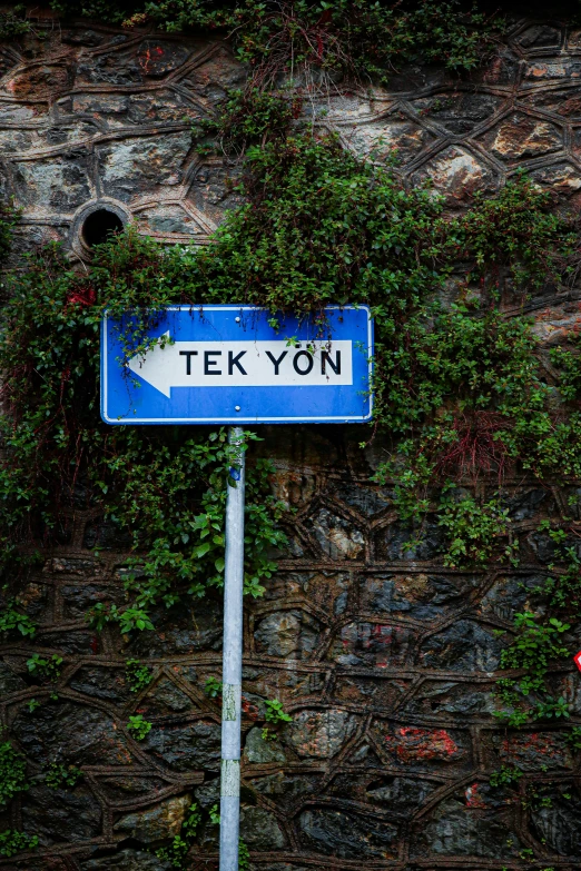 there is a street sign posted in front of a brick wall