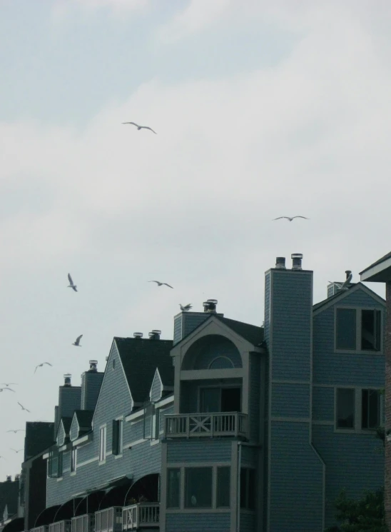 a few seagulls are flying around several building's