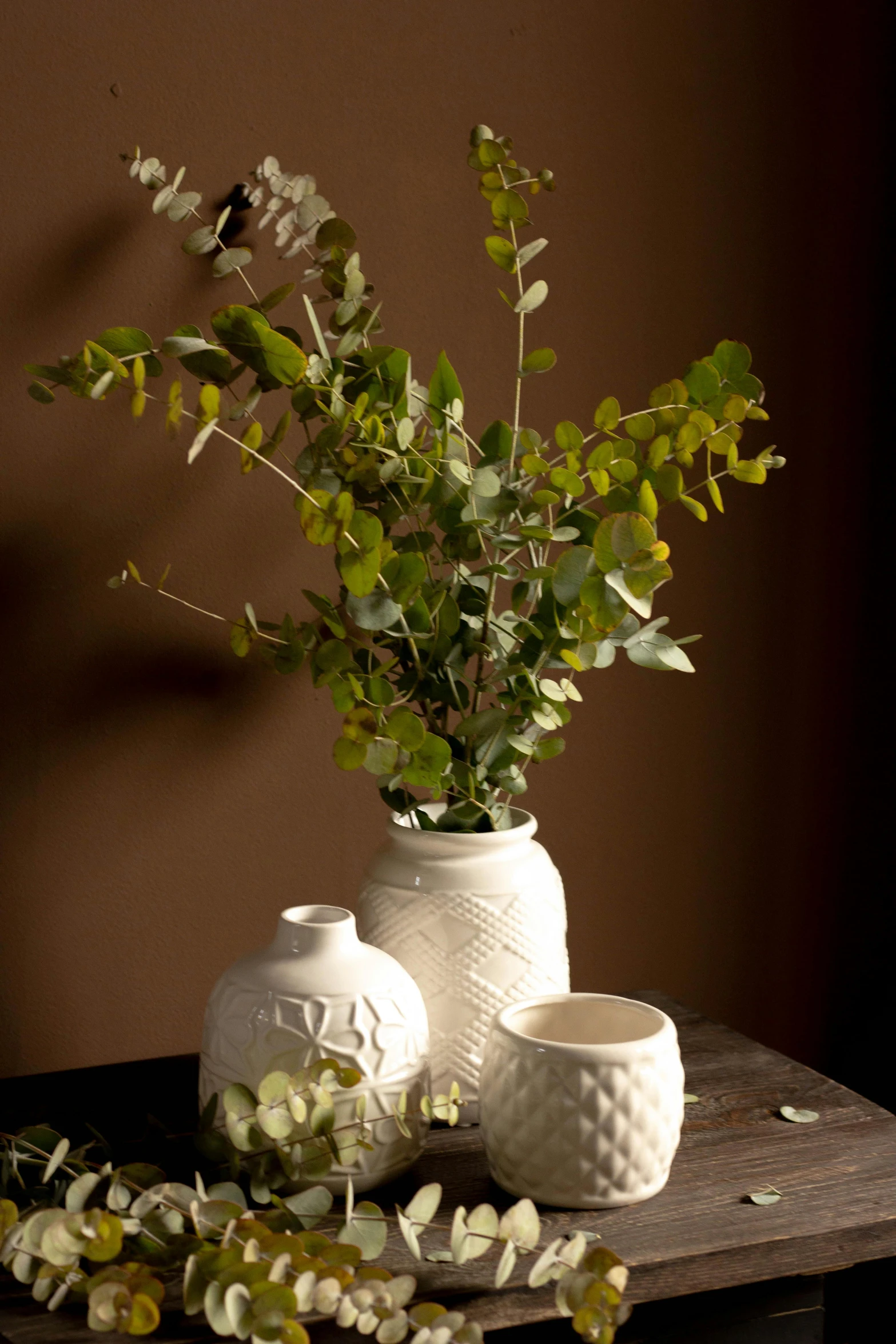 three white vases with green plants in them