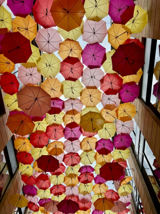 a colorful ceiling of umbrellas that are very large