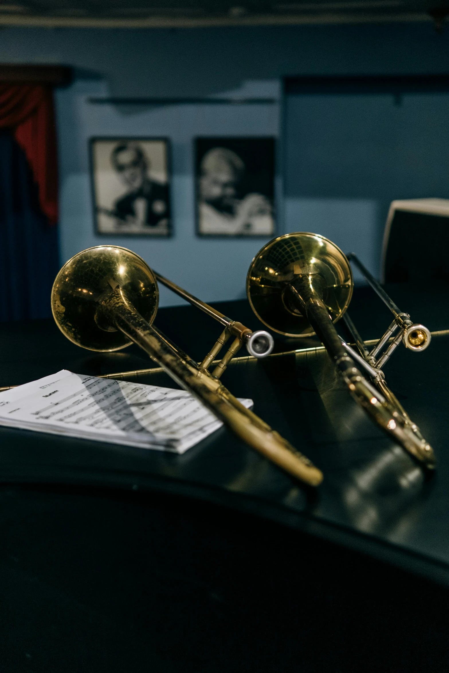 a trumpet resting on a desk in an office