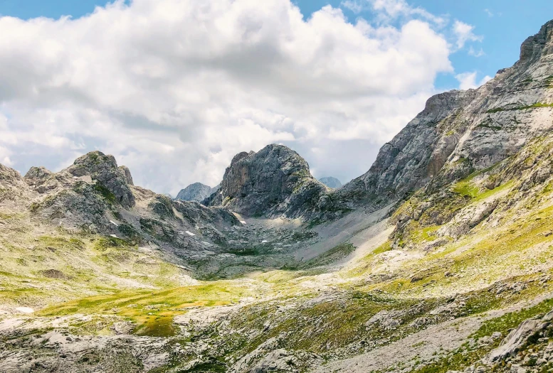 a grassy valley with mountains in the background