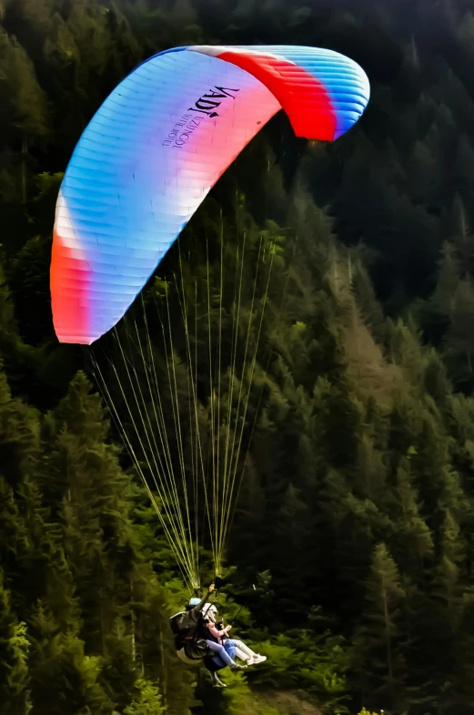 a para - sailor is flying near a lot of trees