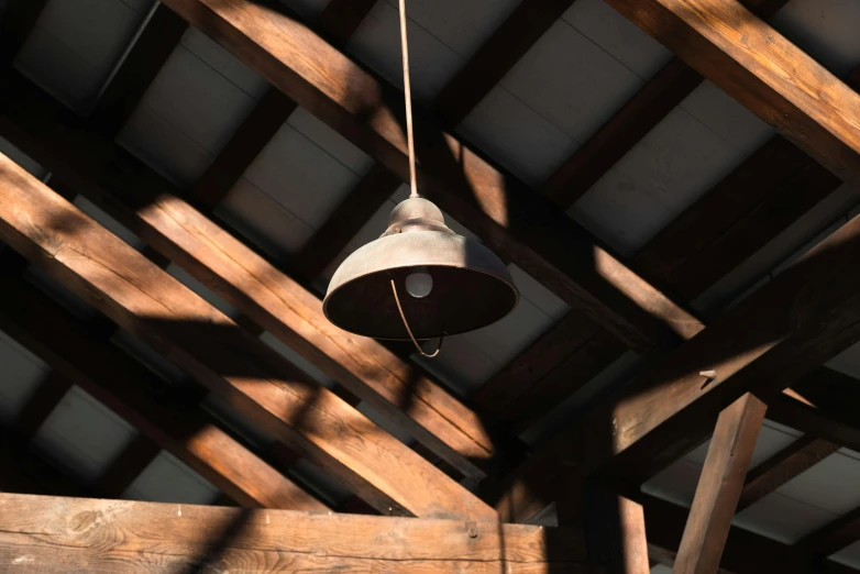 a bell hanging from the ceiling inside a building