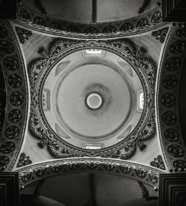 looking up at a dome of the ceiling in a building